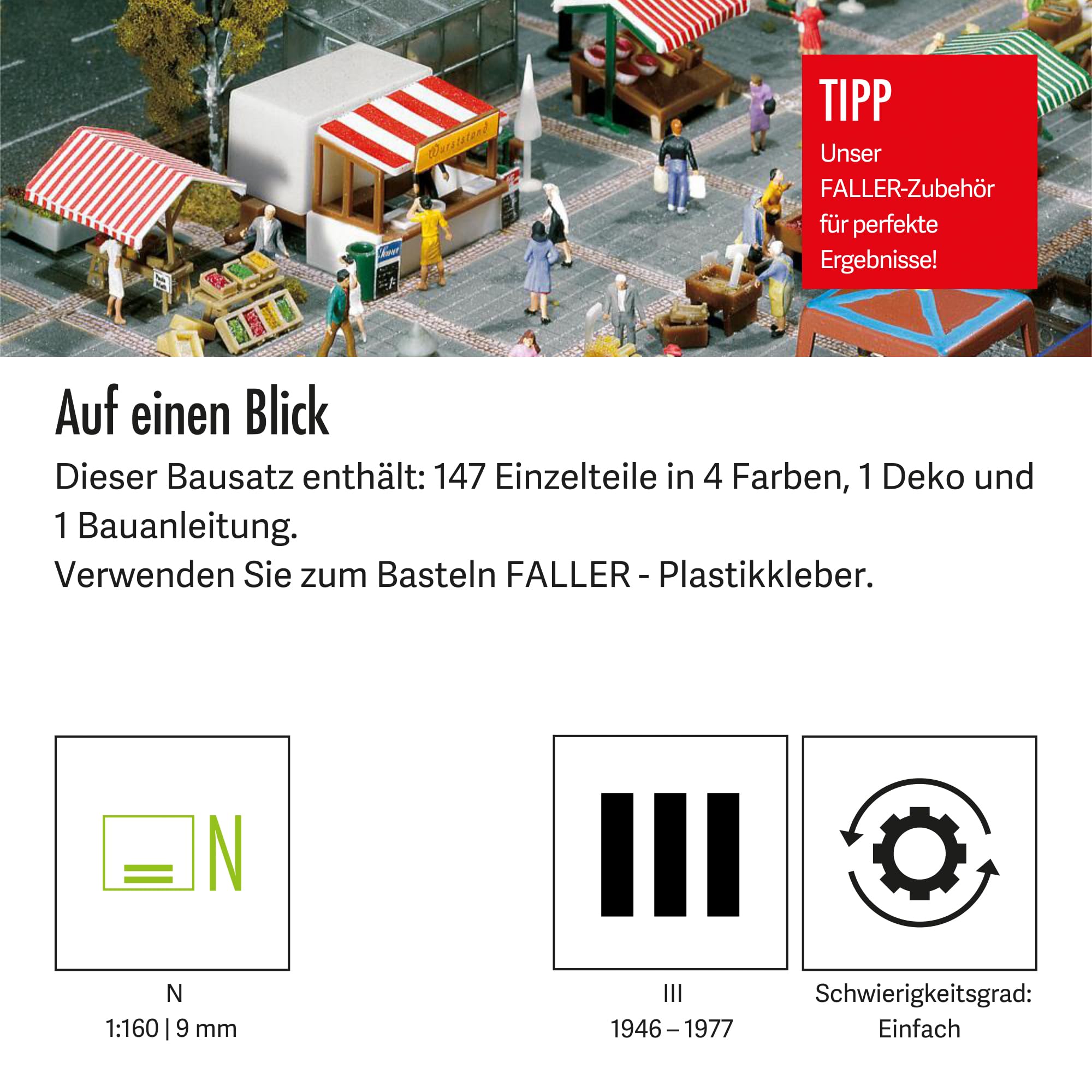 faller-wochenmarkt-modellbausatz-spur-n-mit-w-rstchenstand-147-teile-epoche-3 image 4