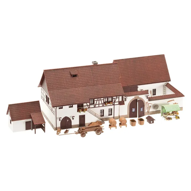 faller-130372-hofgut-h0-braun-creme-haupt-und-nebengeb-ude-mit-mauer image 1
